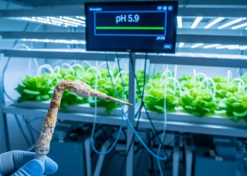 A corroded hydroponic pH and EC meter probe, symbolizing the importance of regular calibration and maintenance to prevent a "silent pH crash" from killing a crop.