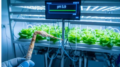 A corroded hydroponic pH and EC meter probe, symbolizing the importance of regular calibration and maintenance to prevent a "silent pH crash" from killing a crop.