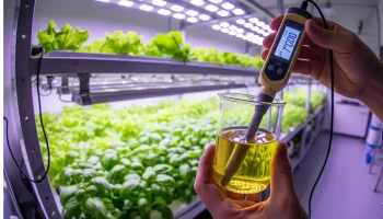 A close-up of a person calibrating a digital pH and EC meter in a hydroponic setup to ensure accurate nutrient readings and prevent crop failure.