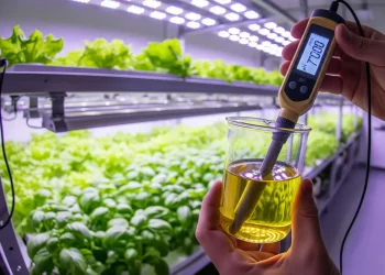 A close-up of a person calibrating a digital pH and EC meter in a hydroponic setup to ensure accurate nutrient readings and prevent crop failure.