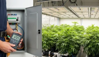 A grower checking the power consumption of a hydroponic system with an electricity meter.