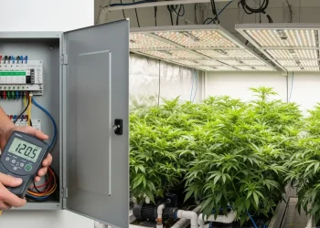 A grower checking the power consumption of a hydroponic system with an electricity meter.
