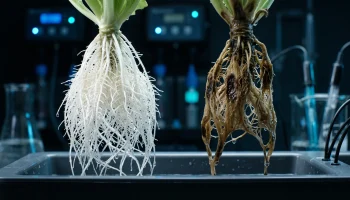 Close-up comparison of healthy white roots versus diseased hydroponic plant roots suffering from advanced Fusarium and Phytophthora root rot.