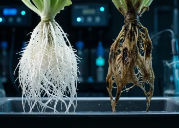 Close-up comparison of healthy white roots versus diseased hydroponic plant roots suffering from advanced Fusarium and Phytophthora root rot.