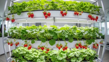 A vertical hydroponic garden full of thriving hydroponic strawberries, with some ripe for picking.