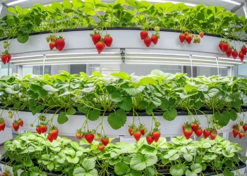 A vertical hydroponic garden full of thriving hydroponic strawberries, with some ripe for picking.