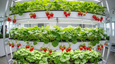A vertical hydroponic garden full of thriving hydroponic strawberries, with some ripe for picking.