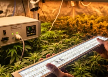 A person holding a new LED grow light, symbolizing a smart hydroponic system upgrade.