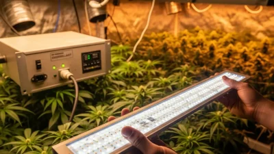 A person holding a new LED grow light, symbolizing a smart hydroponic system upgrade.