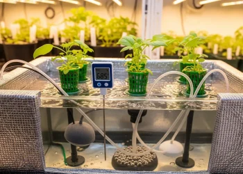 A hydroponic reservoir wrapped in reflective insulation for passive cooling, with a temperature probe.