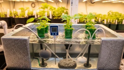 A hydroponic reservoir wrapped in reflective insulation for passive cooling, with a temperature probe.