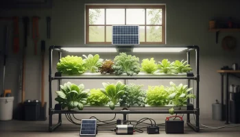 A small-scale, off-grid hydroponics system with a solar panel and a solar pump.