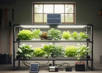 A small-scale, off-grid hydroponics system with a solar panel and a solar pump.