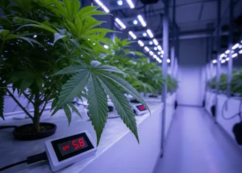 Cinematic view of a vibrant cannabis plant in a DWC system showing the optimal EC and pH for cannabis veg vs bloom.