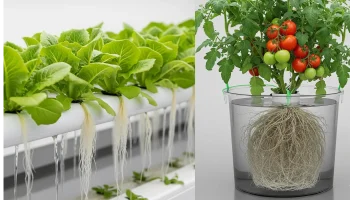 A visual guide for pairing plants with hydroponic systems, showing the ideal root architectures for NFT and DWC setups.