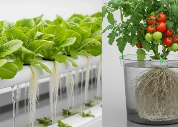 A visual guide for pairing plants with hydroponic systems, showing the ideal root architectures for NFT and DWC setups.
