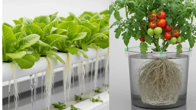 A visual guide for pairing plants with hydroponic systems, showing the ideal root architectures for NFT and DWC setups.