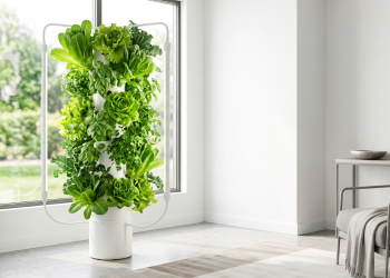 Lush green lettuce growing from a DIY vertical hydroponic tower under $100 | Urban indoor farming