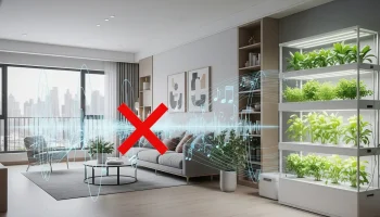 An illustration of a quiet, low-noise hydroponic system in a clean, modern apartment setting.