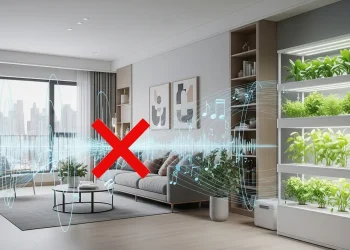 An illustration of a quiet, low-noise hydroponic system in a clean, modern apartment setting.