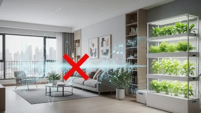 An illustration of a quiet, low-noise hydroponic system in a clean, modern apartment setting.