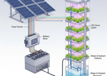 A detailed diagram of a solar-powered vertical farm system, showing solar panels, a battery bank, and a vertical tower.