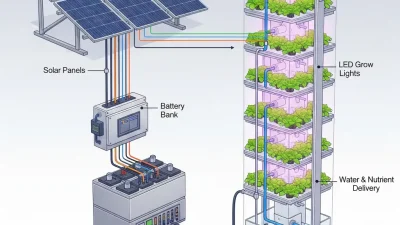 A detailed diagram of a solar-powered vertical farm system, showing solar panels, a battery bank, and a vertical tower.