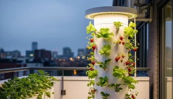 Vertical farming towers maximizing yield on an urban balcony.