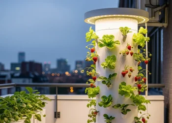 Vertical farming towers maximizing yield on an urban balcony.