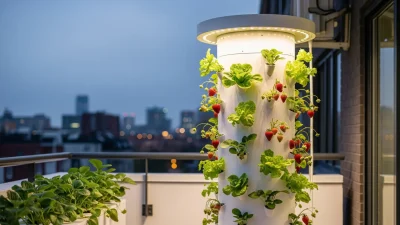 Vertical farming towers maximizing yield on an urban balcony.
